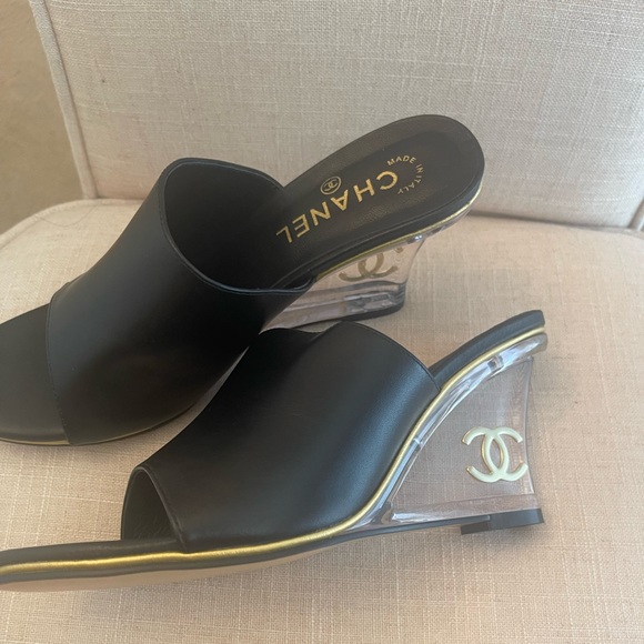 Chanel 20S Black Lambskin Clear Gold Mules Slide